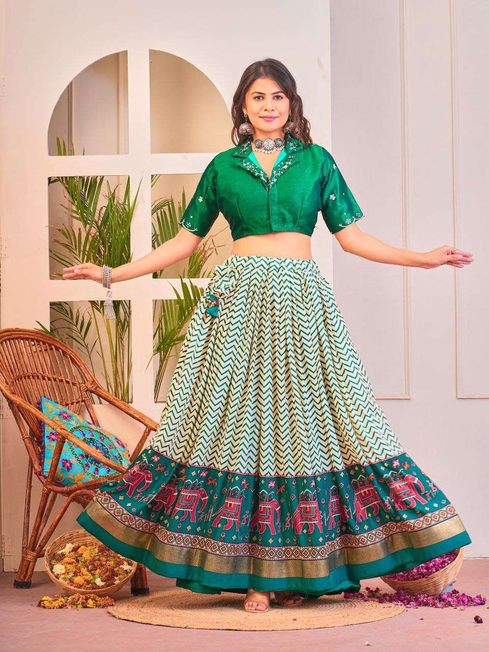 Women's Tussar Silk Patola Print Lehenga Choli Set with Foil Work - Image 14