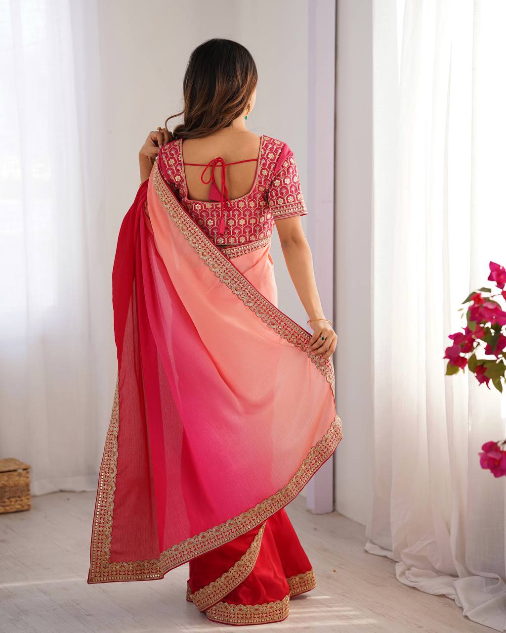 Women's Elegant Ombre Green Georgette Saree with Intricate Golden Zari & Stone Embellishments – Complete with Heavily Worked Blouse for Festive & Wedding Wear - Image 21